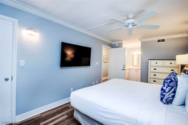 bedroom with dark hardwood / wood-style flooring, ornamental molding, and ceiling fan