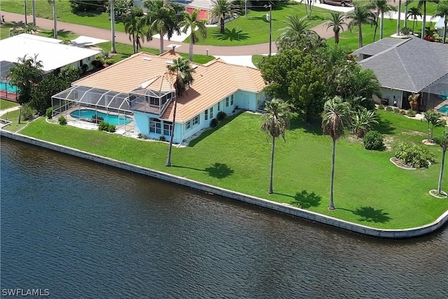 bird's eye view with a water view