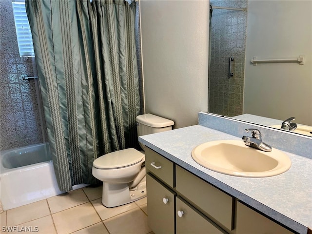 full bathroom with tile patterned flooring, toilet, vanity, and shower / tub combo with curtain