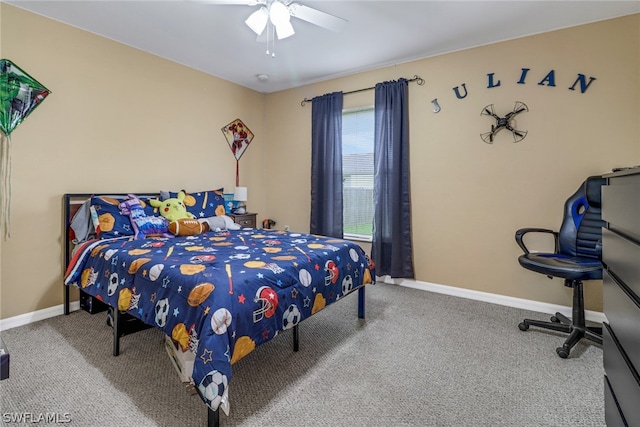 bedroom with ceiling fan and carpet flooring