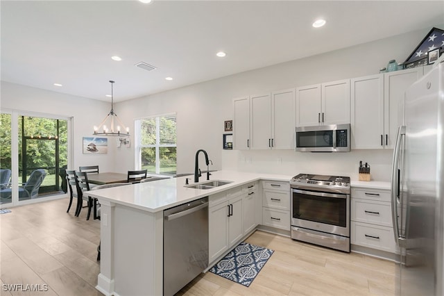 kitchen with sink, stainless steel appliances, white cabinets, decorative light fixtures, and kitchen peninsula