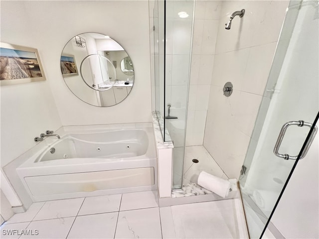 bathroom featuring plus walk in shower and tile patterned floors