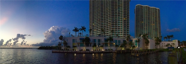 outdoor building at dusk with a water view