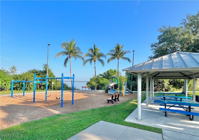 view of play area featuring a lawn