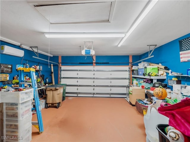 garage with a wall mounted AC and a garage door opener