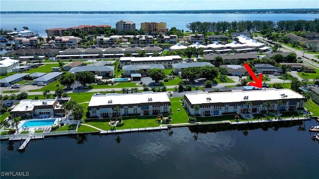 drone / aerial view featuring a water view