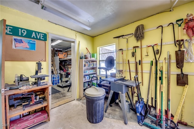 interior space featuring a workshop area