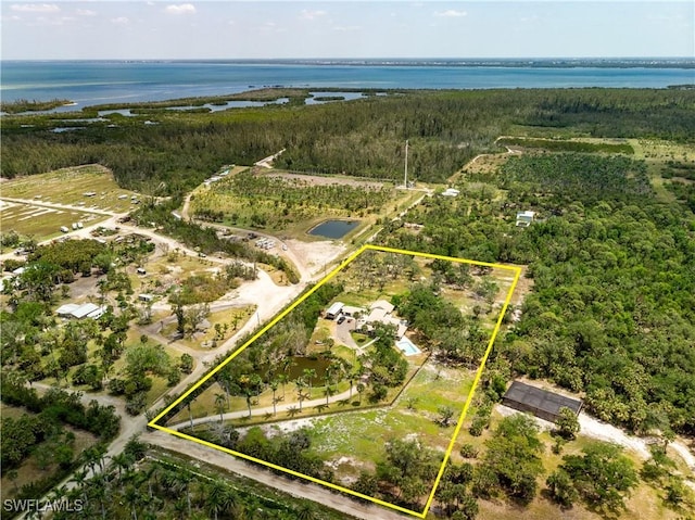 15700 Bahama Way, Bokeelia, FL 33922 - aerial view of property and surrounding area featuring property parcel outlined, a forest, and a nearby body of water
