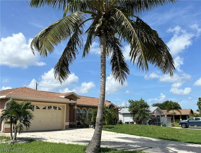 view of front facade featuring a garage and a front lawn