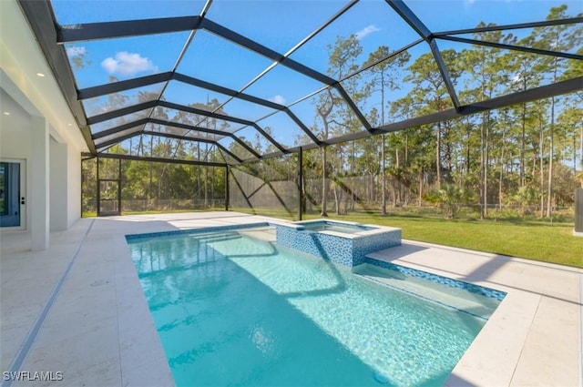 view of swimming pool with glass enclosure, a yard, an in ground hot tub, and a patio