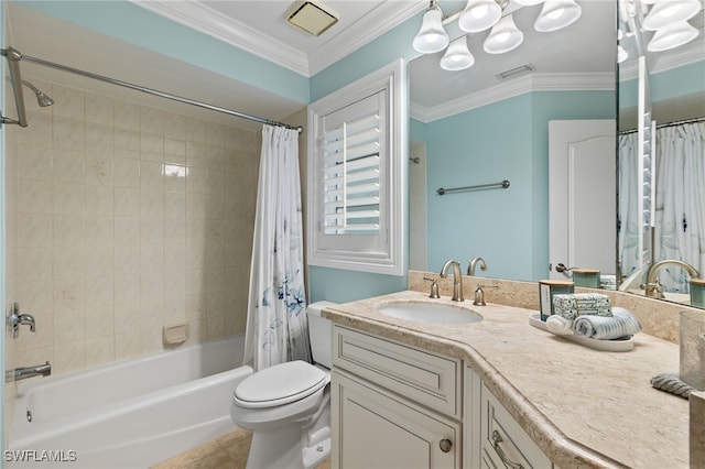 full bathroom featuring crown molding, shower / tub combo, tile patterned flooring, vanity, and toilet