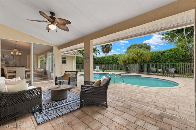 view of pool with an in ground hot tub, an outdoor hangout area, ceiling fan, and a patio area