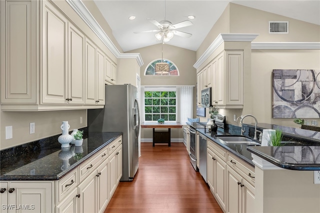 kitchen with dark wood-type flooring, lofted ceiling, sink, dark stone counters, and stainless steel appliances