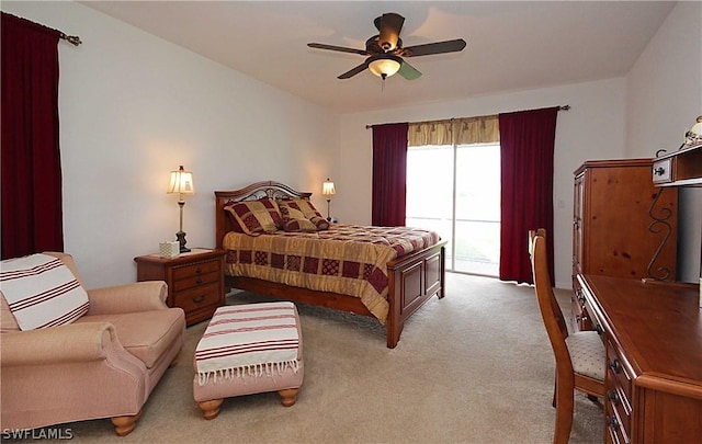 carpeted bedroom with access to outside and ceiling fan