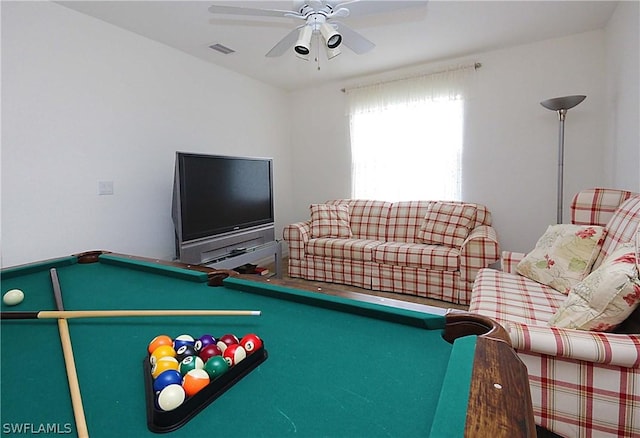 playroom with pool table and ceiling fan