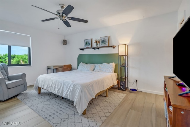 bedroom featuring ceiling fan and light hardwood / wood-style flooring