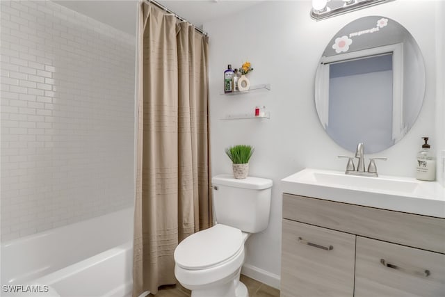 full bathroom featuring vanity, shower / tub combo, and toilet