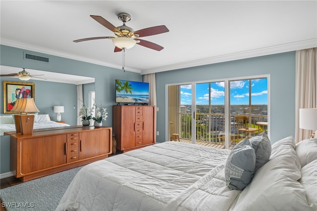 bedroom featuring crown molding, hardwood / wood-style flooring, access to outside, and ceiling fan