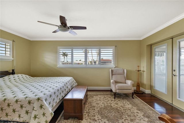 bedroom with french doors, crown molding, ceiling fan, dark wood-type flooring, and access to exterior