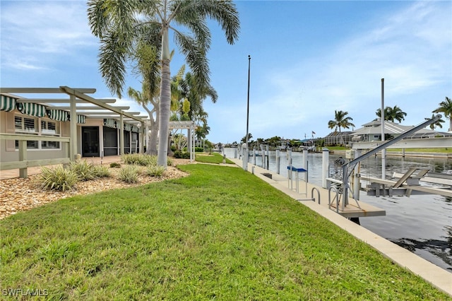 view of dock with a pergola, a lawn, and a water view