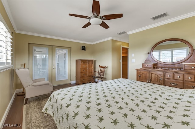 bedroom featuring french doors, crown molding, ceiling fan, and light hardwood / wood-style floors