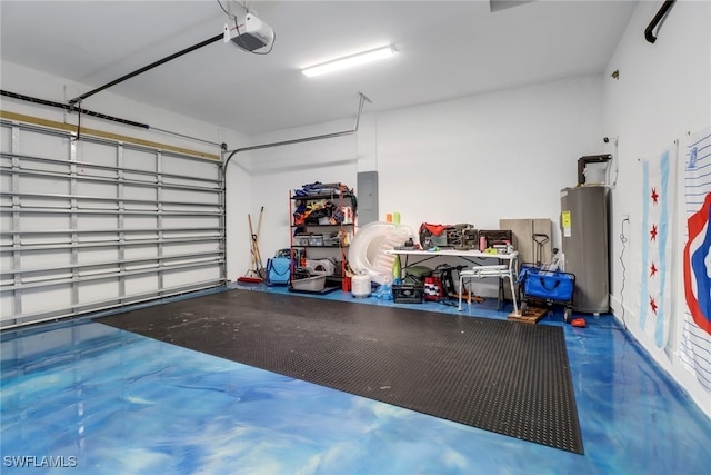 garage with water heater, electric panel, and a garage door opener