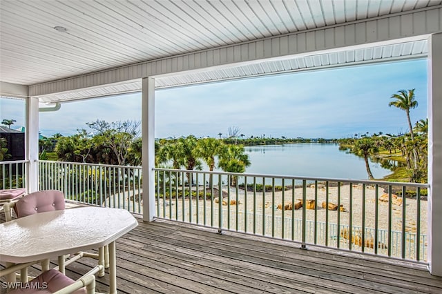 deck featuring a water view