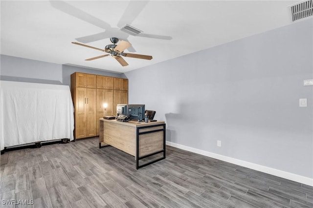 office space featuring ceiling fan and wood-type flooring