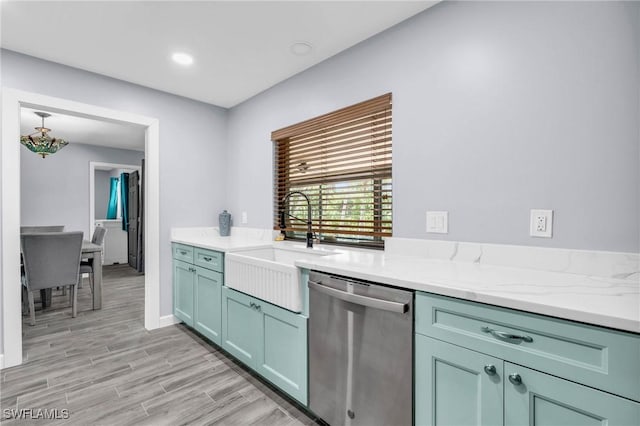 kitchen with green cabinetry, dishwasher, sink, light stone counters, and light hardwood / wood-style floors