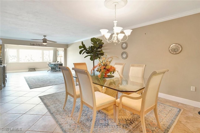 tiled dining space with crown molding and ceiling fan with notable chandelier