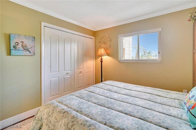 bedroom featuring crown molding and a closet