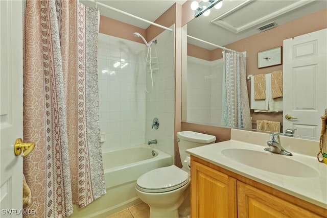 full bathroom featuring shower / bathtub combination with curtain, vanity, toilet, and tile patterned flooring