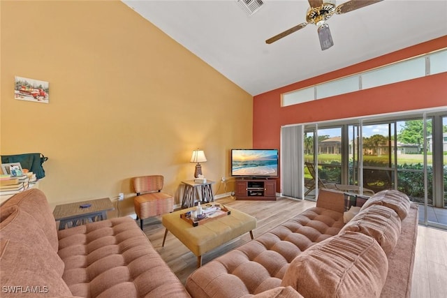 living area featuring high vaulted ceiling, ceiling fan, visible vents, and wood finished floors