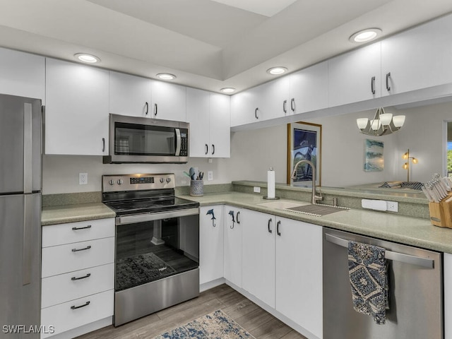 kitchen featuring stainless steel appliances, white cabinetry, sink, and kitchen peninsula