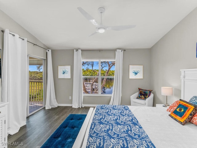 bedroom featuring dark hardwood / wood-style flooring, access to exterior, and ceiling fan