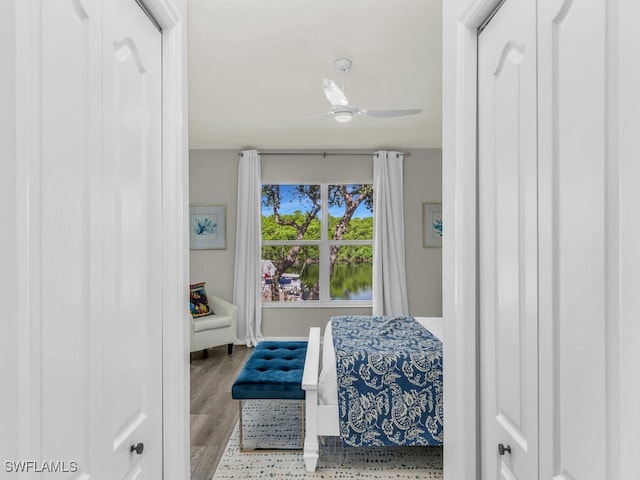 bedroom with wood-type flooring, a closet, and ceiling fan