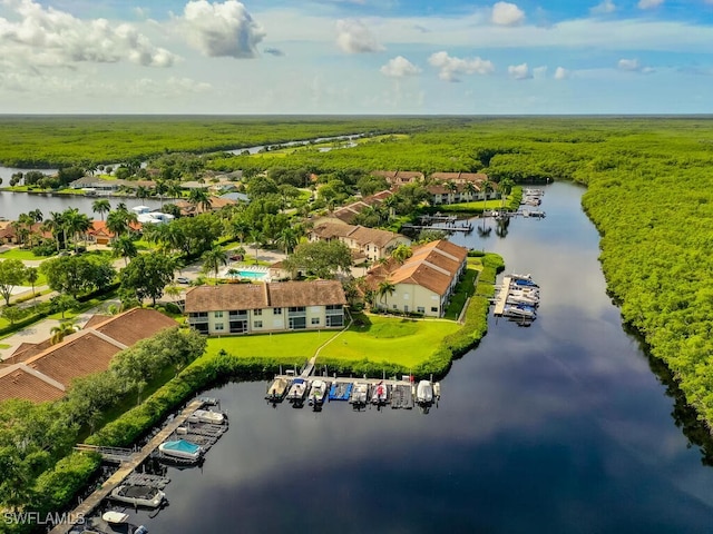 aerial view featuring a water view