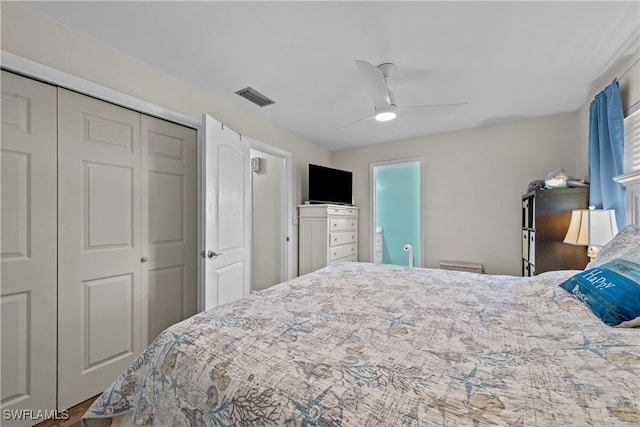 bedroom with a closet and ceiling fan