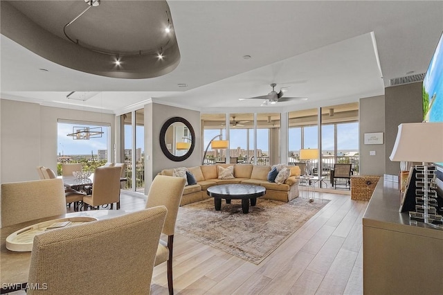 living room with a raised ceiling, ceiling fan, light hardwood / wood-style flooring, and expansive windows