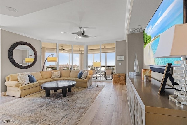 living room with light wood-type flooring, a wall of windows, ornamental molding, and ceiling fan