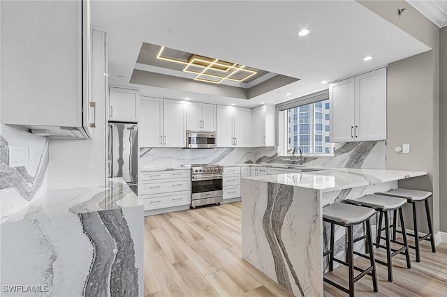 kitchen with a raised ceiling, white cabinetry, stainless steel appliances, and light stone counters