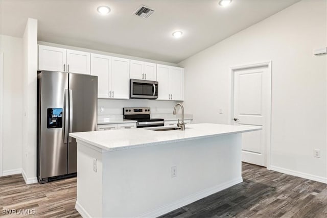 kitchen featuring sink, stainless steel appliances, dark hardwood / wood-style floors, an island with sink, and white cabinets