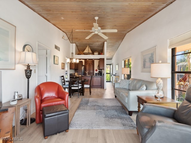 living room with vaulted ceiling, wooden ceiling, ceiling fan, and light wood-type flooring