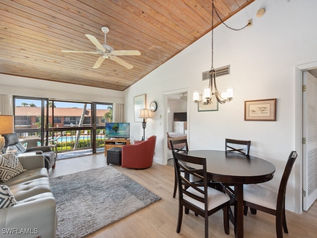 dining area with ceiling fan with notable chandelier, high vaulted ceiling, light wood-type flooring, and wooden ceiling