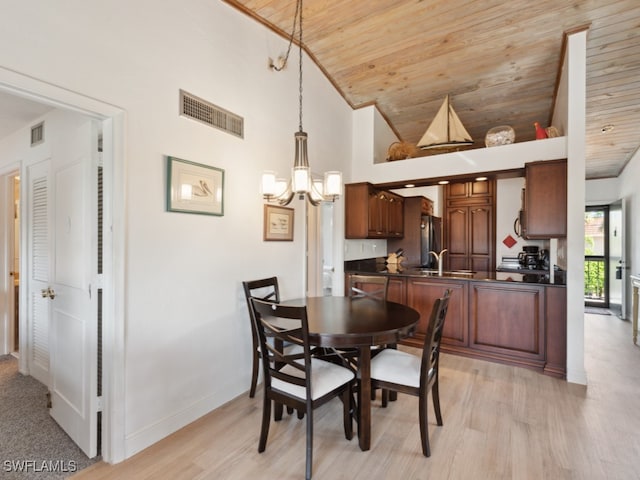 dining area with a notable chandelier, wooden ceiling, high vaulted ceiling, light wood-type flooring, and sink