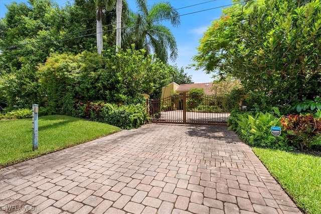 view of gate featuring a yard