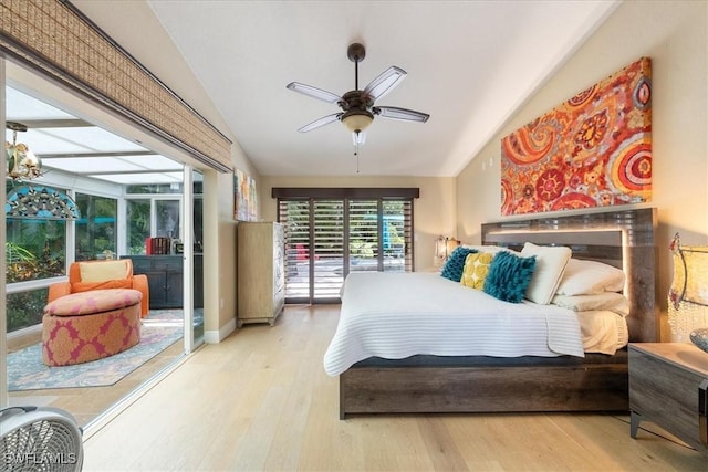 bedroom with access to outside, ceiling fan, light hardwood / wood-style flooring, and lofted ceiling