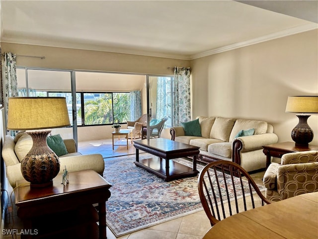 tiled living room featuring crown molding