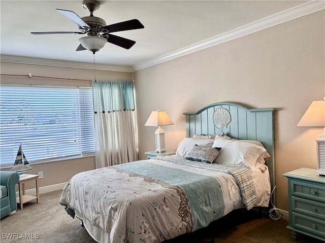 carpeted bedroom with ceiling fan and ornamental molding