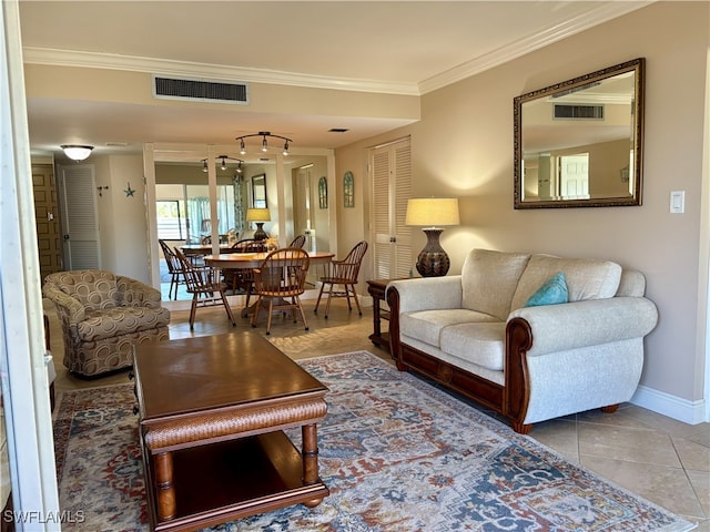 tiled living room with ornamental molding